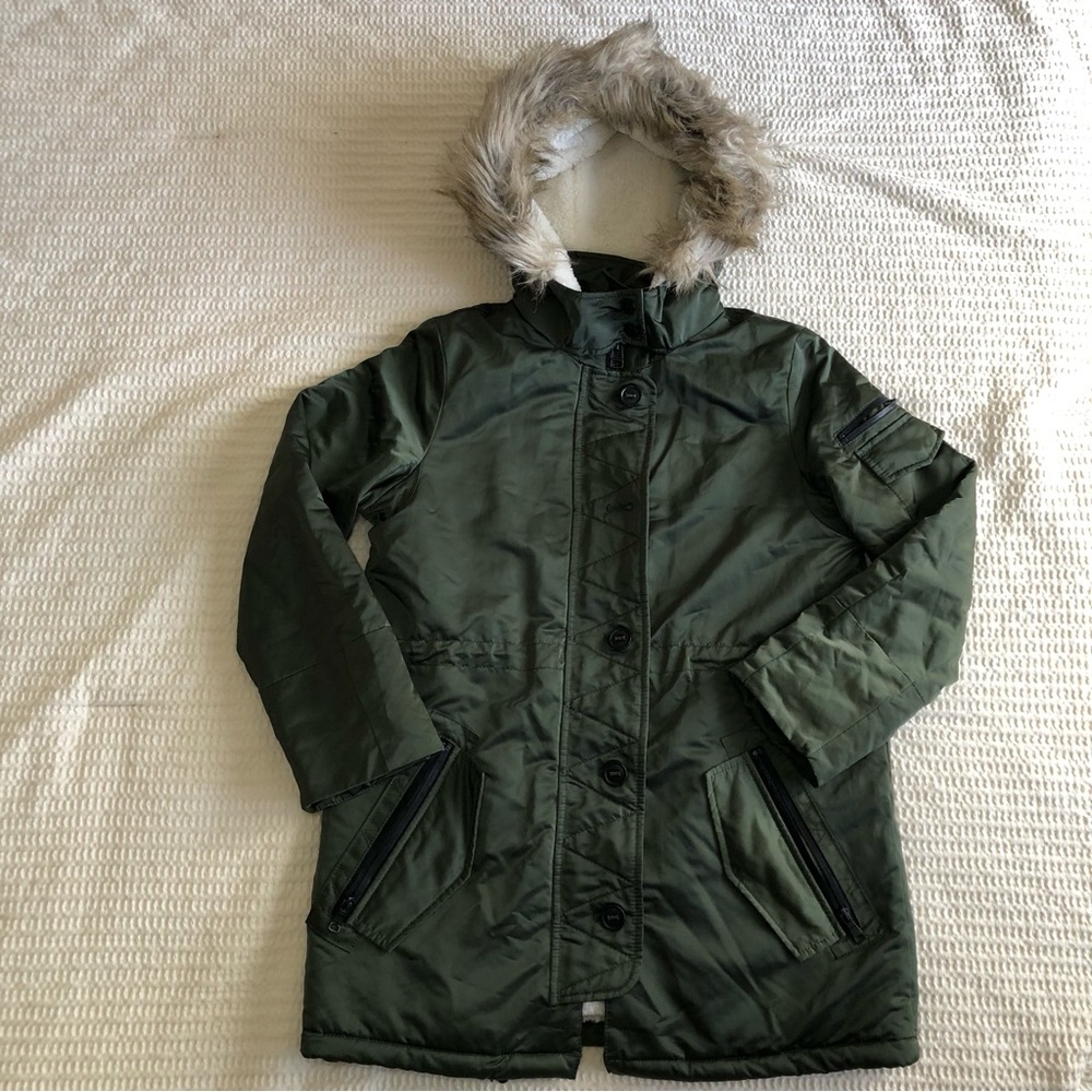 Banana Republic Women’s Olive Green Hooded Puffer Coat with Faux Fur Trim XSP